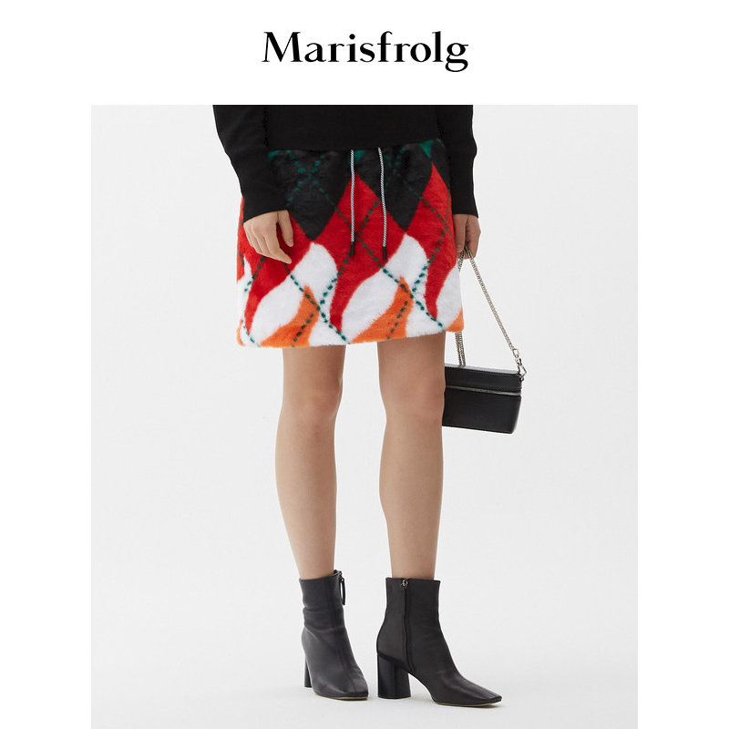 Marisfrolg/玛丝菲尔冬季格子拼色时尚气质皮草半身裙