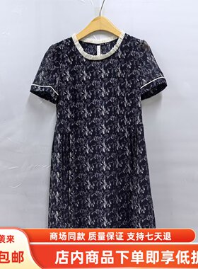 汇YXB150夏装2026女新款时尚荷叶边圆领高腰遮肚中长款印花连衣裙