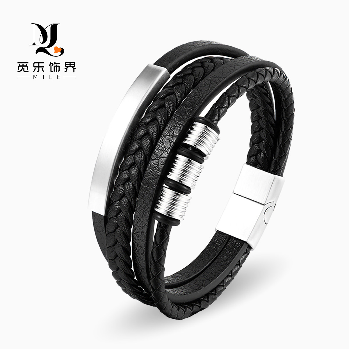 002~欧美钛钢不锈钢皮绳编织多圈真皮手环手带男士手镯牛皮圈手链