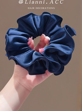 复古深蓝缎面耐用肥肠圈洋气显贵头花优雅木耳边褶皱发圈精致皮筋