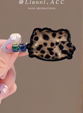 韩国豹纹甜酷少女HelloKitty水钻发夹侧边夹KT猫发卡一字夹头饰