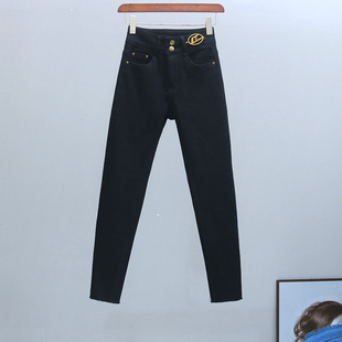 秋冬加绒紧身小脚裤 黑色铅笔裤 2023年新款 显瘦弹力牛仔裤 厚款 韩版