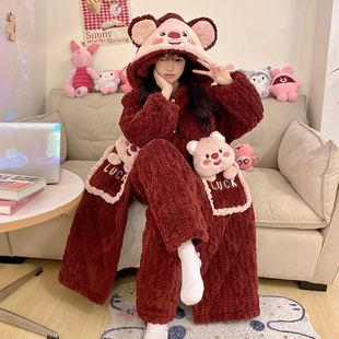 卡通连帽冬季珊瑚绒三层加厚夹棉睡衣女保暖超长款睡袍家居服外穿
