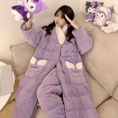 睡袍女秋冬季珊瑚绒三层夹棉袄加厚加绒冬款可外穿长款睡衣家居服