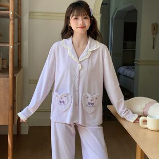 冬季ins蝴蝶结睡衣女新款加厚保暖单面海岛绒韩系甜美家居服套装