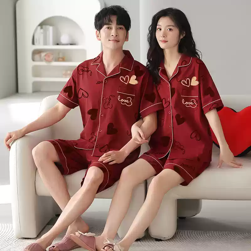 2套价 结婚睡衣情侣夏季纯棉短袖枣红色家居服男女高档莱卡棉套装