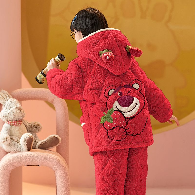 睡衣女童秋冬季2025新款珊瑚绒三层夹棉加厚儿童法兰绒家居服套装