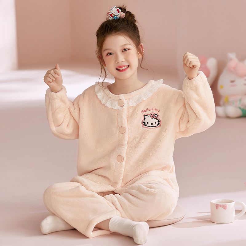 女童法兰绒睡衣中学生秋冬季加绒加厚中大童珊瑚绒KT猫保暖家居服