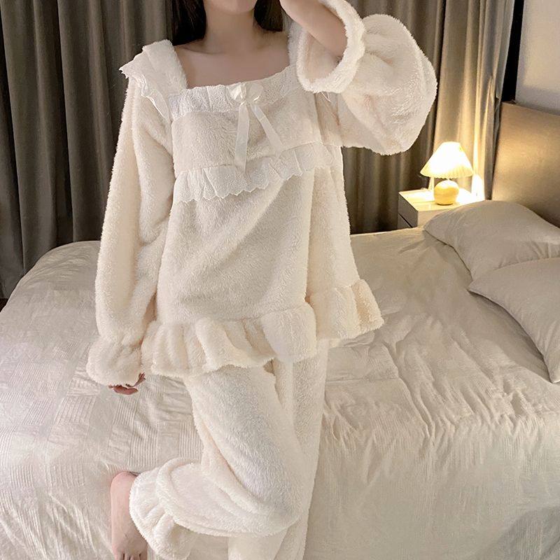 甜美公主珊瑚绒睡衣女秋冬季纯欲宫廷风加厚睡裙法兰绒家居服冬天