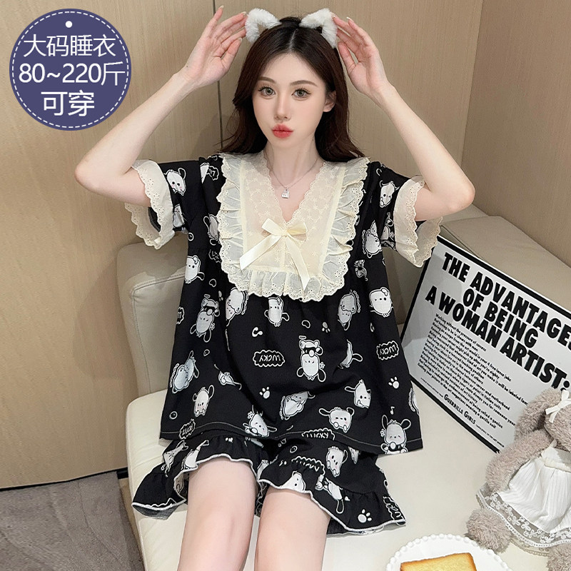 睡衣女款夏季云朵棉短袖短裤套装黑色帕恰狗公主风加肥大码家居服