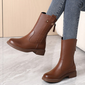 2025冬季 43加绒软皮女靴 新款 靴子真皮平底中筒靴胖mm粗腿大码