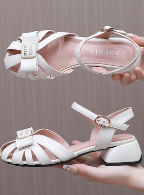 包头鞋子女2025新款夏天品牌真牛皮41号大码女凉鞋中跟软面女鞋