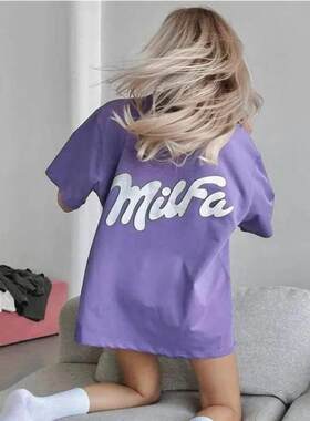 欧美时尚字母印花BF宽松短袖半袖中长T恤女 Tee TShirt Top Women