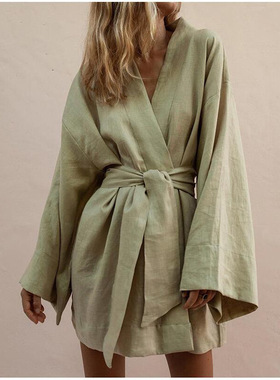 Long Sleeve Sashes Lace Up Dresses Women 2022 Spring Loose