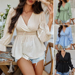 女上衣衬衫 2025 Spring V-neck blouse Solid Top Women T-shirt