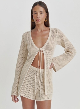 纯色性感针织沙滩比基尼泳衣罩衫防晒套装short beach set women