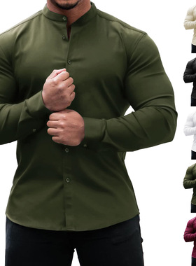 Men's dress shirt slim stretch秋男式正装衬衫修身弹力商务衬衣