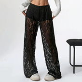 lace casual patchwork cinched straight leg pants long