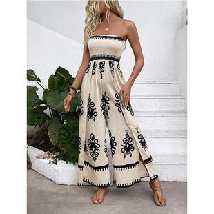 printed pants 女连体裤 Women leg jumpsuit wide 长裤 strapless