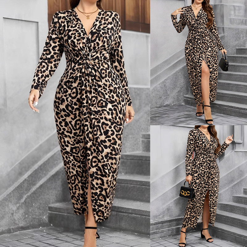 Plus size women casual print ladies dress大码女装豹纹连衣裙