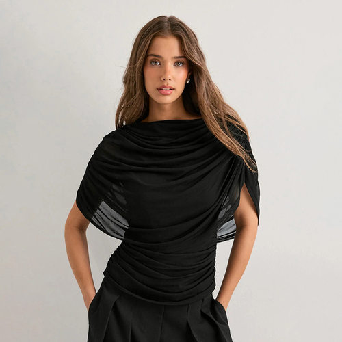 欧美风新款时尚围巾领垂褶无袖修身上衣Scarf collar pleated top