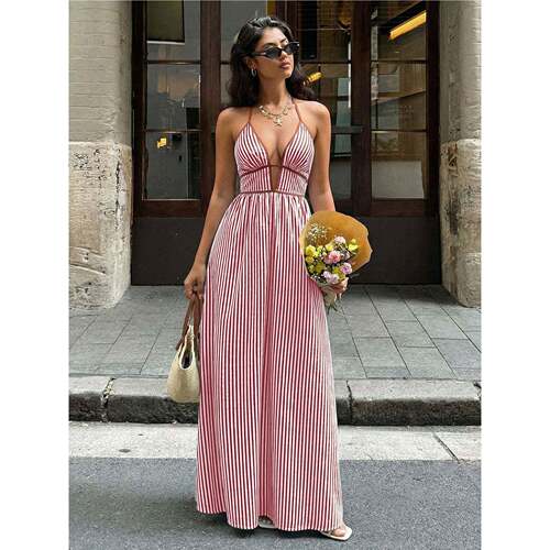 2026夏季深V领条纹连衣裙露背挂脖长裙 Hanging neck long skirt