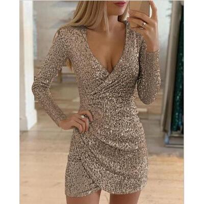 欧美性感v领包臀不规则短裙亮片长袖连衣裙Evening party dress