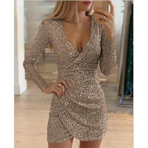 欧美性感v领包臀不规则短裙亮片长袖连衣裙Evening party dress