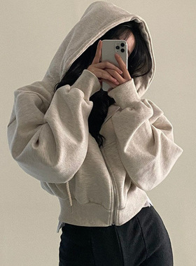 欧美长袖拉链连帽卫衣上衣外套女 chic crop jacket coat hoodie
