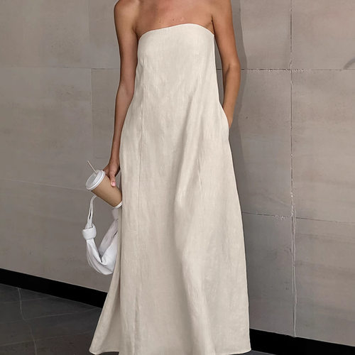 棉麻抹胸度假风法式高腰口袋露背连衣裙Bandeau backless dress