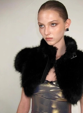 欧美时尚毛毛仿皮草马甲披肩短上衣女 Fur Crop Shawl Top Vest
