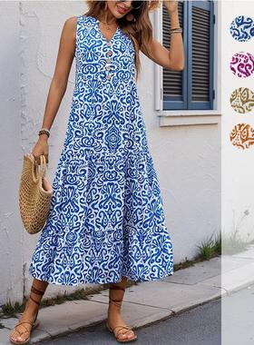 人棉印花连衣裙Sleeveless V-neck loose summer printed dresses