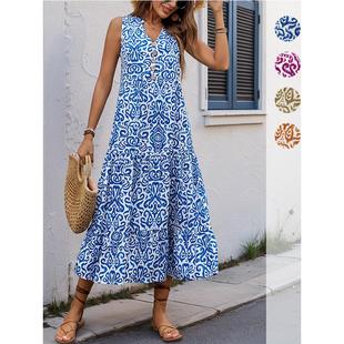 printed neck summer dresses loose 人棉印花连衣裙Sleeveless