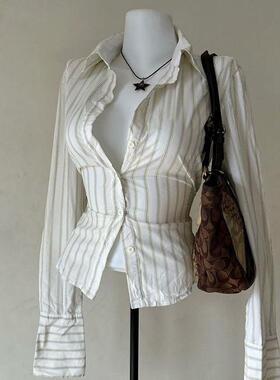 2025 striped button long sleeved shirt T-shirt for women