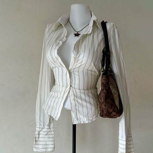 2025 striped button long sleeved shirt T-shirt for women