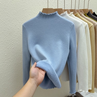 一体绒半高领木耳边蓝色白色毛衣女可外穿内搭加厚加绒打底针织衫