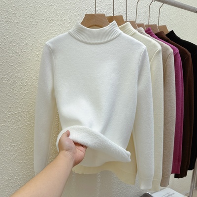 一体绒半高领木耳边紫色白色毛衣女可外穿内搭加厚加绒打底针织衫