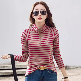 条纹半高领打底衫女秋冬装弹力修身内搭网红白领微胖大码上衣t恤