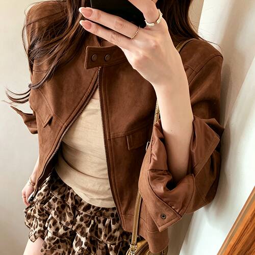 复古咖色短款夹克外套女