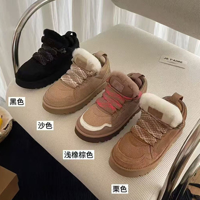 河南桑坡新款2025休闲低帮梅尔真皮雪地加绒冬季保暖加厚女棉鞋
