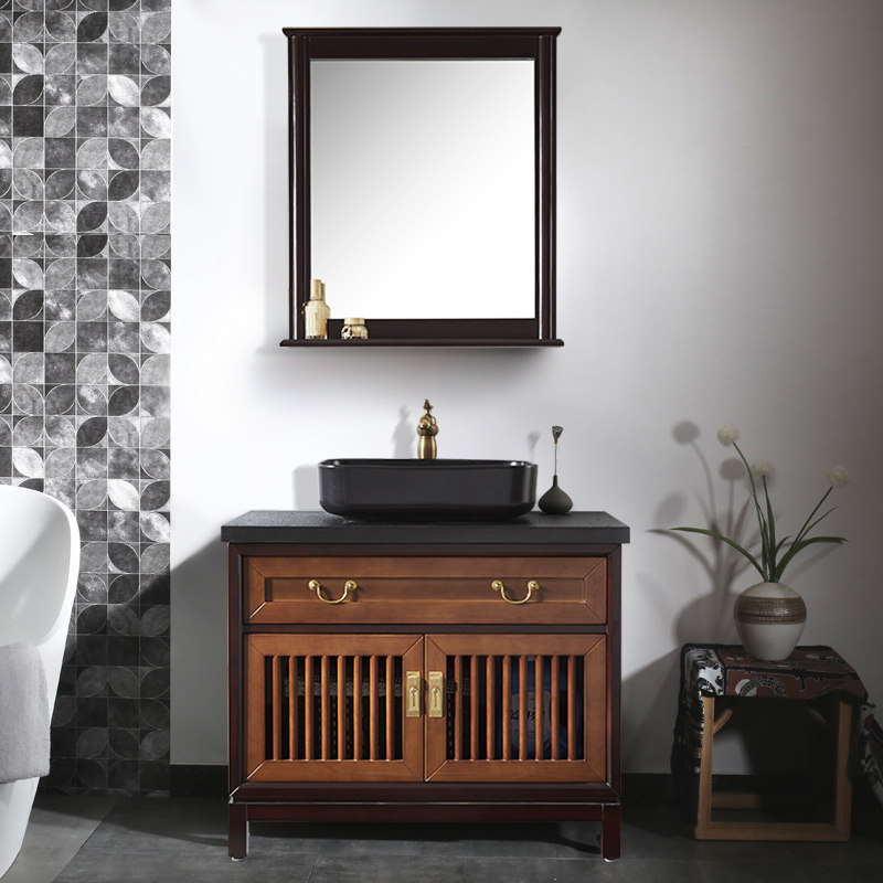 现代新中式卫浴实木浴室柜火烧石洗脸盆柜落地组合洗手面盆洗漱台