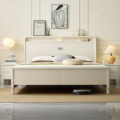 奶油风实木床现代简约1.8x2米双人大床主卧家用1.5米多功能带灯床