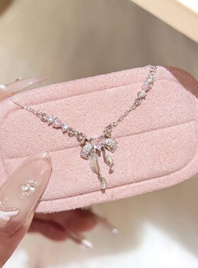 通体s925纯银爱心蝴蝶结项链女小众设计感甜美粉蝴蝶结锁骨链颈链