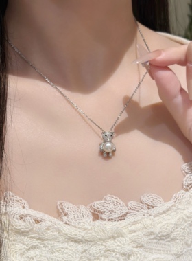 s925纯银天然淡水珍珠小熊项链女可爱轻奢高级感锁骨链送女友礼物