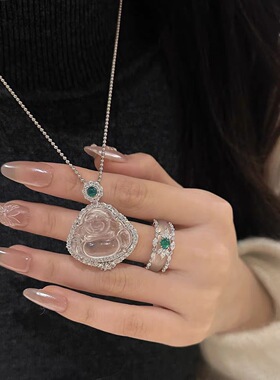 新中式绿顶珠天然水沫玉小佛公吊坠项链通体s925纯银轻奢冰透感