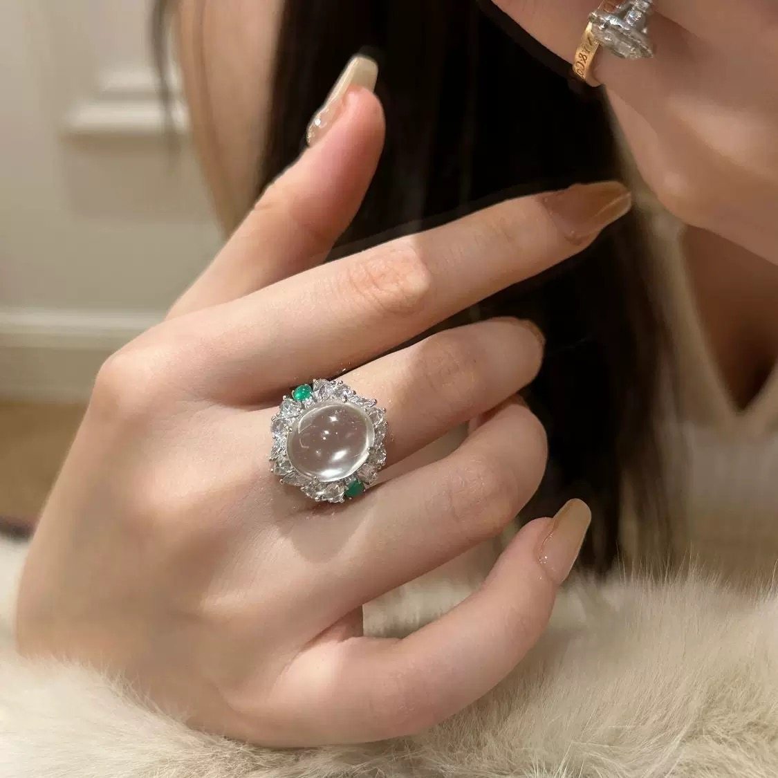 天然水沫玉戒指女款高冰轻奢高级戒指/指环