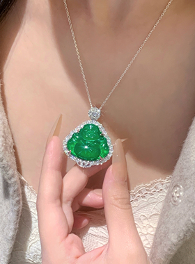 s925纯银天然翡翠佛公吊坠项链高冰玛瑙玉髓阳绿弥勒玉佛锁骨链