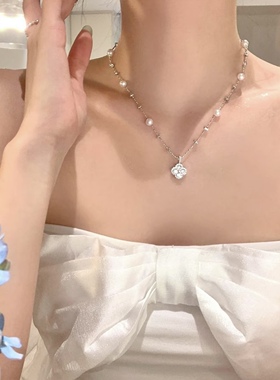 s925纯银满钻四叶草珍珠项链吊坠女2026轻奢高级感颈链送女友礼物