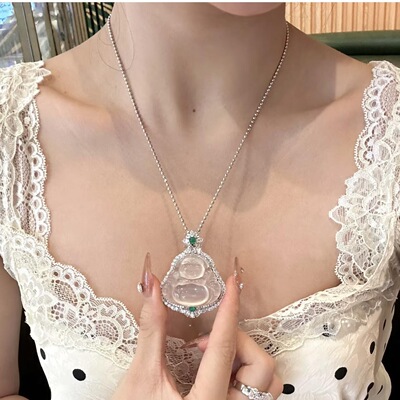 s925纯银白冰玉髓绿玛瑙翡翠佛公吊坠项链女高级感锁骨链送礼物