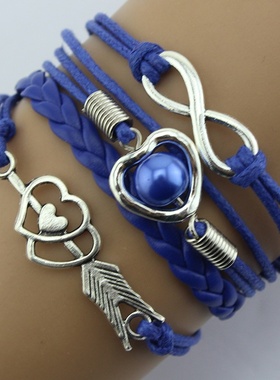 新品上市 欧美时尚复古丘比特之箭爱心珍珠多色皮绳多层手链